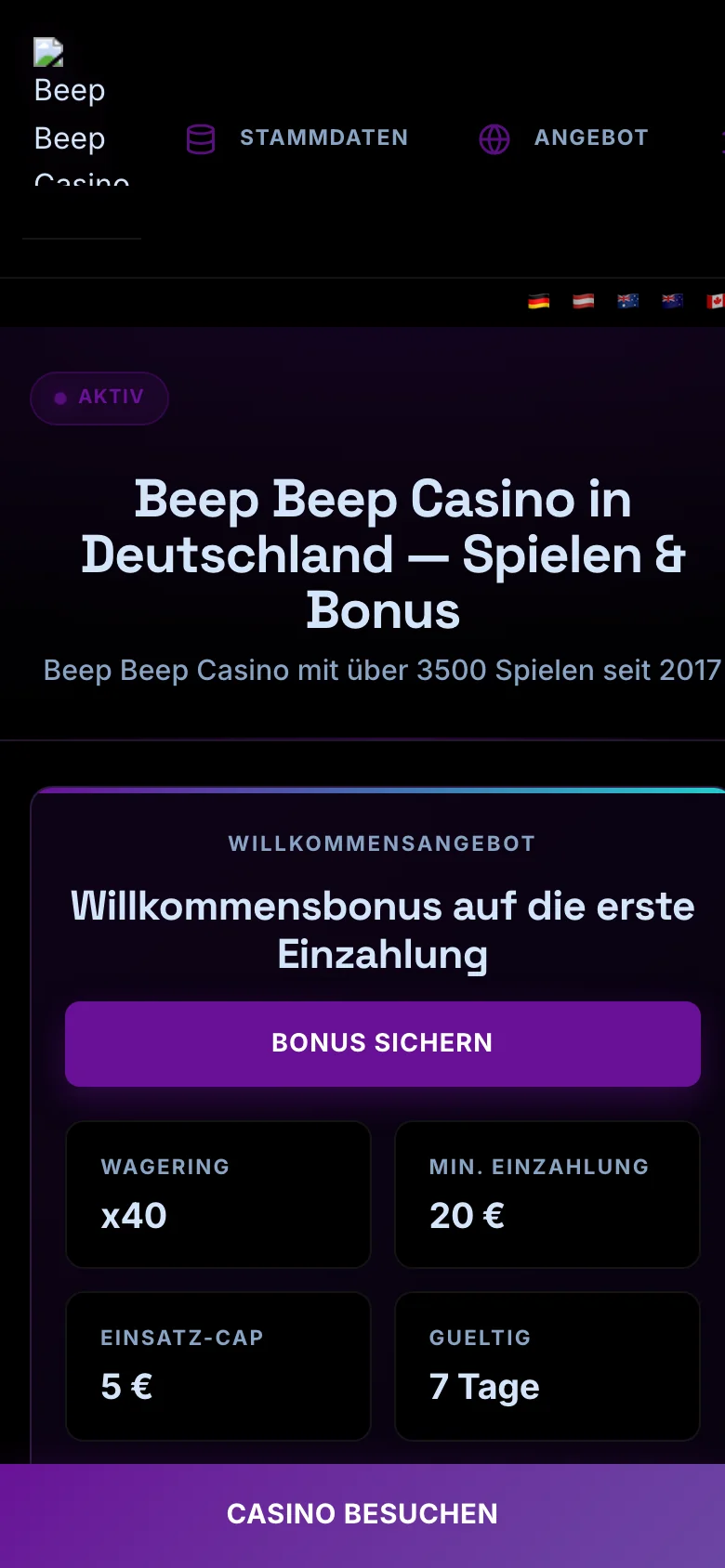 Beep Beep Casino mobile lobby screenshot