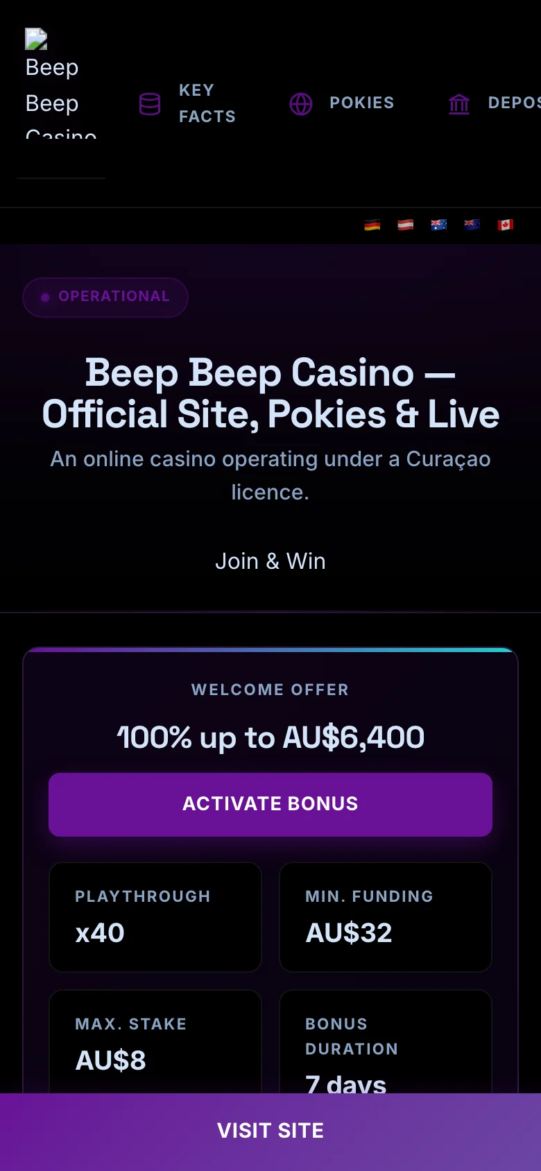 Beep Beep Casino mobile lobby screenshot