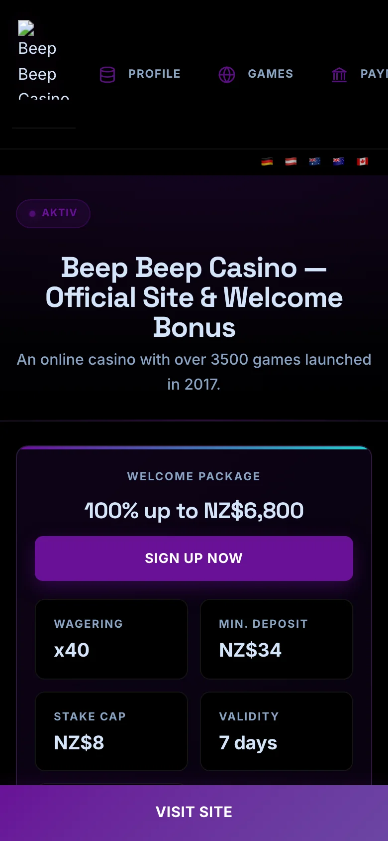 Beep Beep Casino mobile lobby screenshot